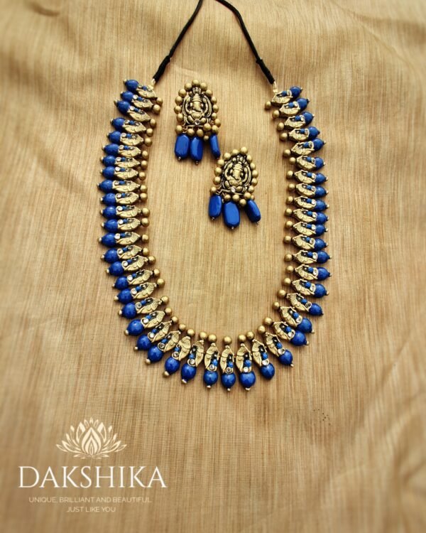 Ganesh- Medium Length Necklace with Big Size Earrings (Golden With Blue)