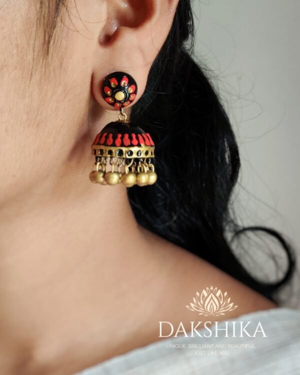Terracotta- Medium Size Jhumka ( Golden with Red & Black)