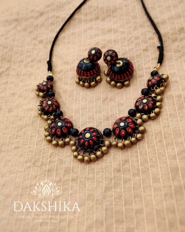 Terracotta- Small Necklace with Big Size Jhumka (Golden With Black & Red)