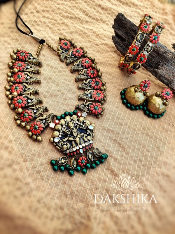 Terracotta- Necklace With Jhumka & Bangles (Golden With Green & Red )