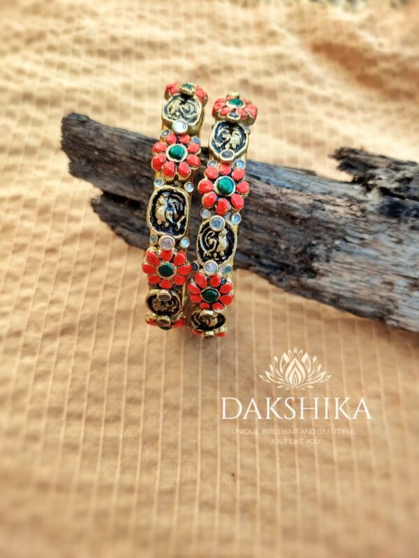 Terracotta- Necklace With Jhumka & Bangles (Golden With Green & Red ) - Image 2