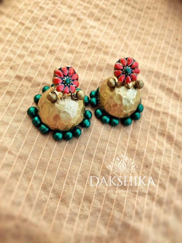 Terracotta- Necklace With Jhumka & Bangles (Golden With Green & Red ) - Image 3