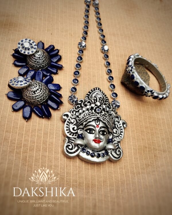 Terracotta- Necklace With Jhumka & Bangles (Silver With  Blue )