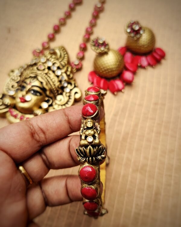 Terracotta- Necklace With Jhumka & Bangles (Golden With Red) - Image 2