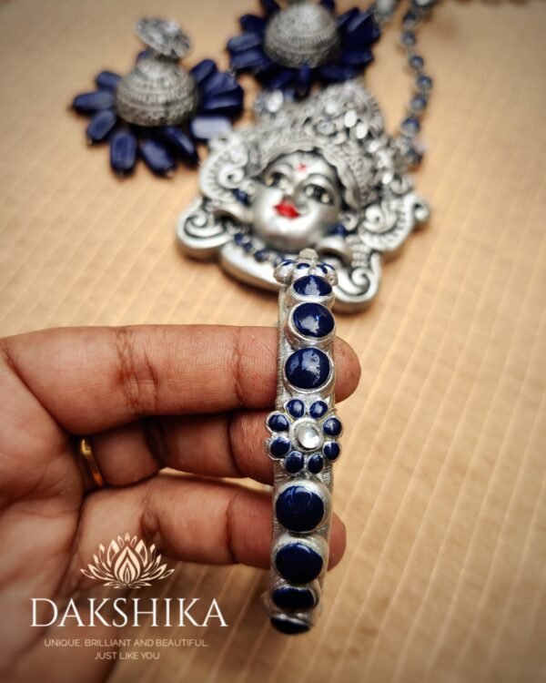 Terracotta- Necklace With Jhumka & Bangles (Silver With  Blue ) - Image 2