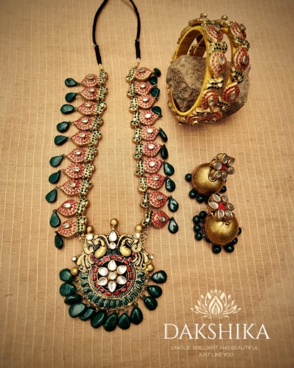 Terracotta- Necklace With Jhumka & Bangles (Golden With Green & Red)