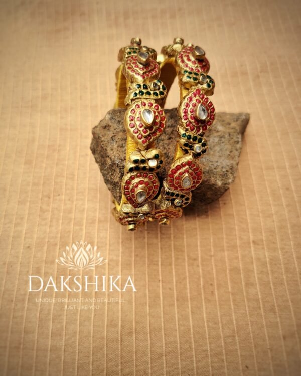 Terracotta- Necklace With Jhumka & Bangles (Golden With Green & Red) - Image 2
