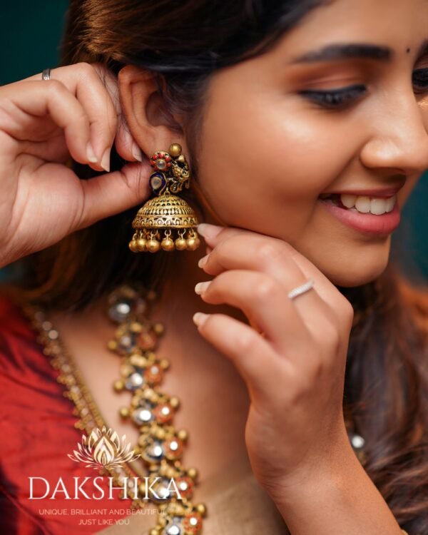 Terracotta-Long Necklace with Big Size Jhumka & Bangles (Golden With Purple & Red) - Image 5