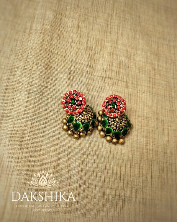 Terracotta- Medium Size Jhumka ( Golden with Red & Green)