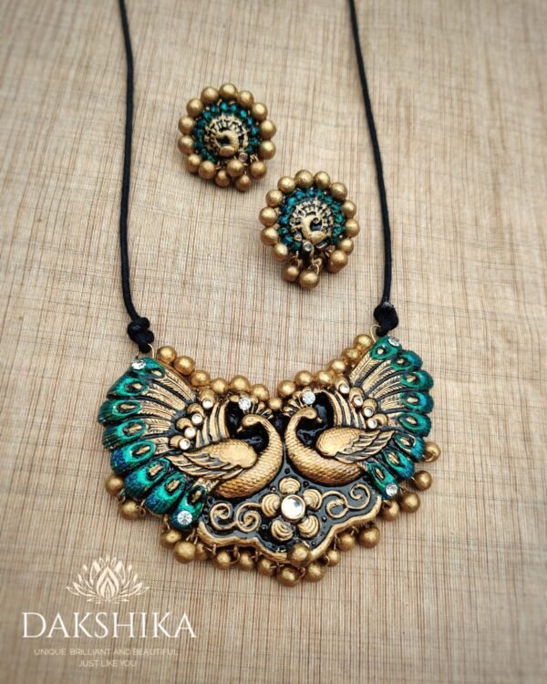 Terracotta-Peacock Tread Pendant with Big Size Earrings (Golden With Peacock Blue & Green )
