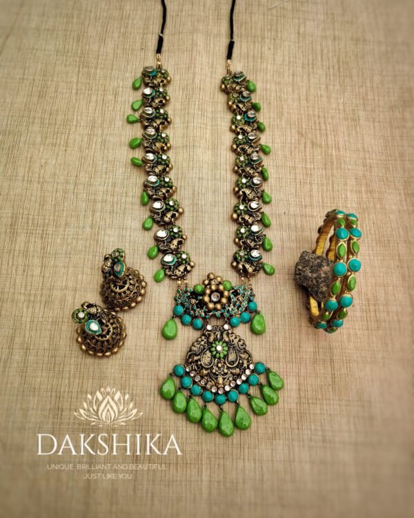 Terracotta- Necklace With Jhumka & Bangles (Golden With Green & Skey Blue )