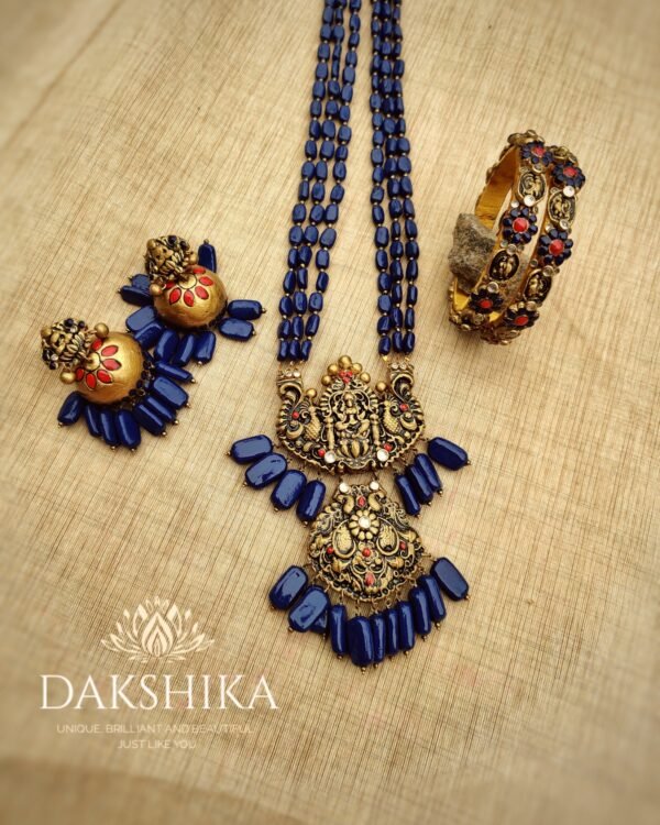 Terracotta- Necklace With Jhumka & Bangles (Golden With Blue & Red )