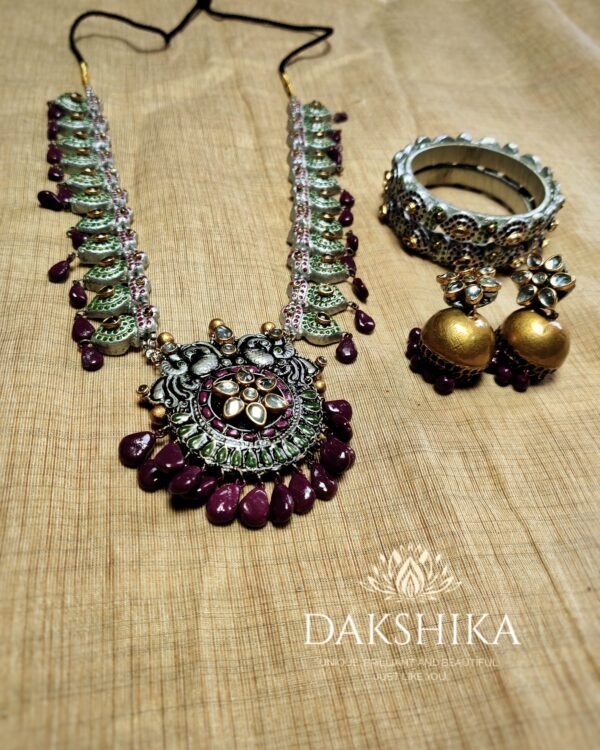 Terracotta- Necklace With Jhumka & Bangles (Golden With Light  Green & Purple )