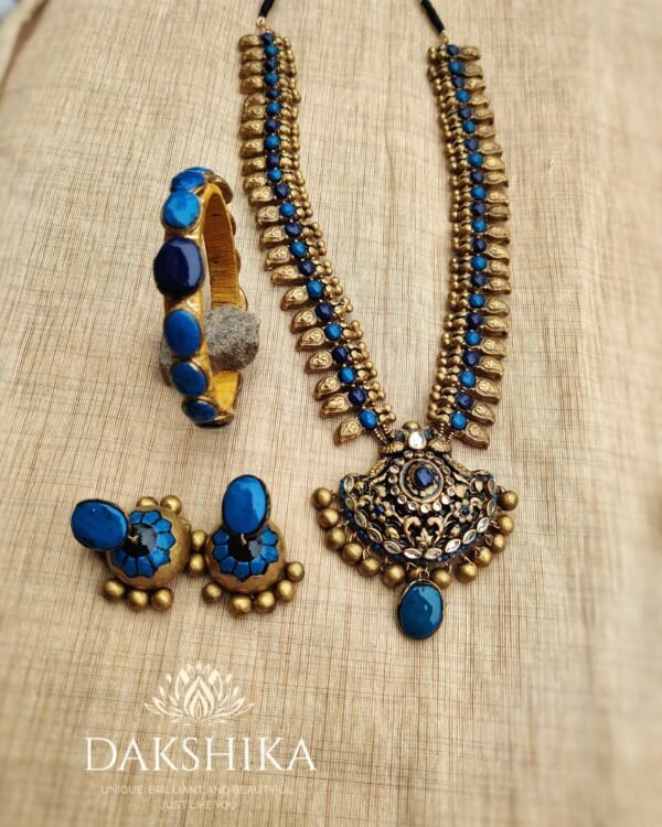 Terracotta- Necklace With Jhumka & Bangles (Golden With Blue)