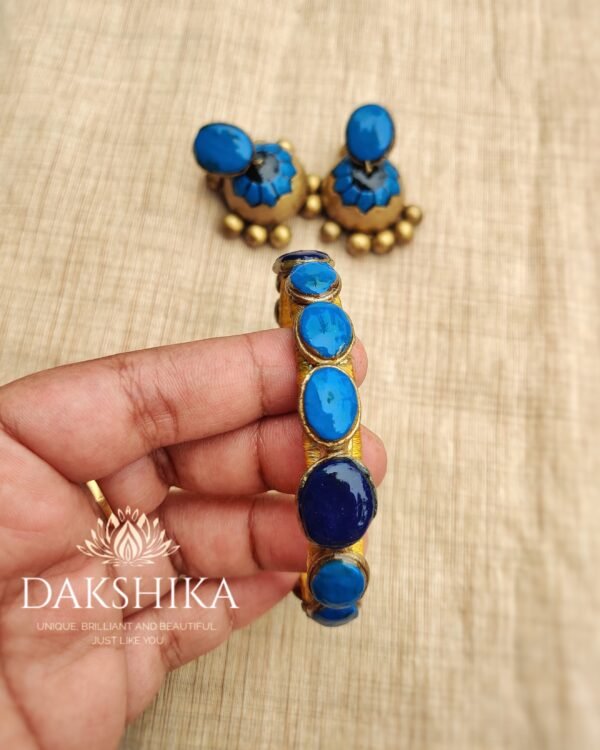 Terracotta- Necklace With Jhumka & Bangles (Golden With Blue) - Image 2