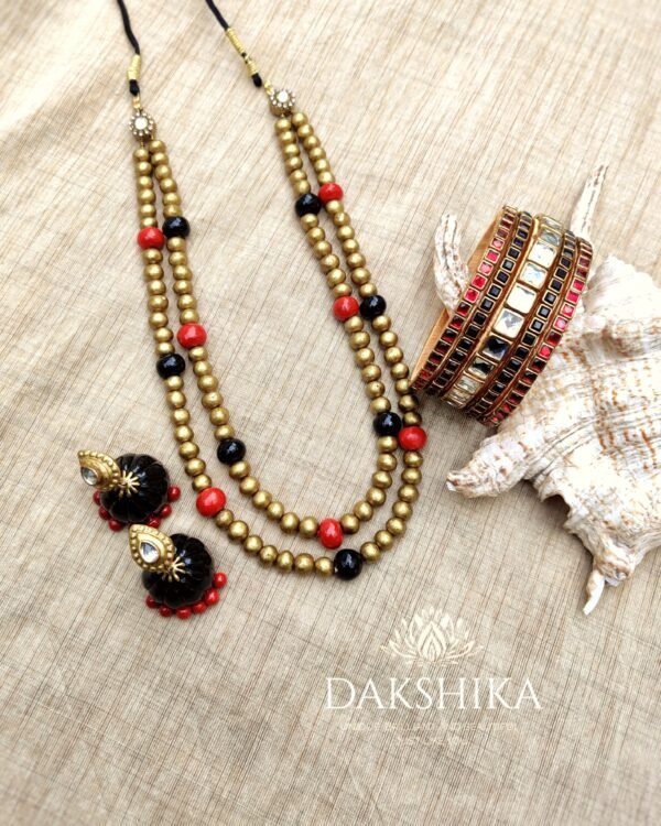 Terracotta- Beads Necklace With Jhumka & Bangles (Golden With Red & Black )