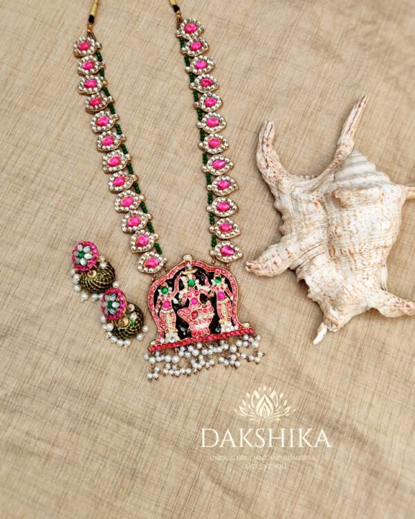 Devi- Long Necklace with Big Size Jhumka ( Golden with Pink & Green) - Image 2