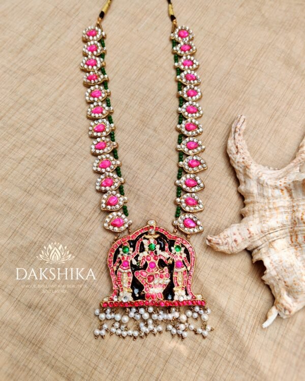 Devi- Long Necklace with Big Size Jhumka ( Golden with Pink & Green) - Image 2