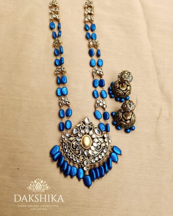 Terracotta- Long Necklace with Big Size Jhumka ( Golden with Peacock Blue)