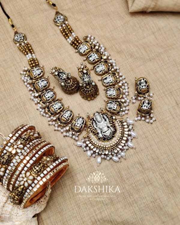 Terracotta-  Necklace With Jhumka & Bangles (Golden With Pearl White)