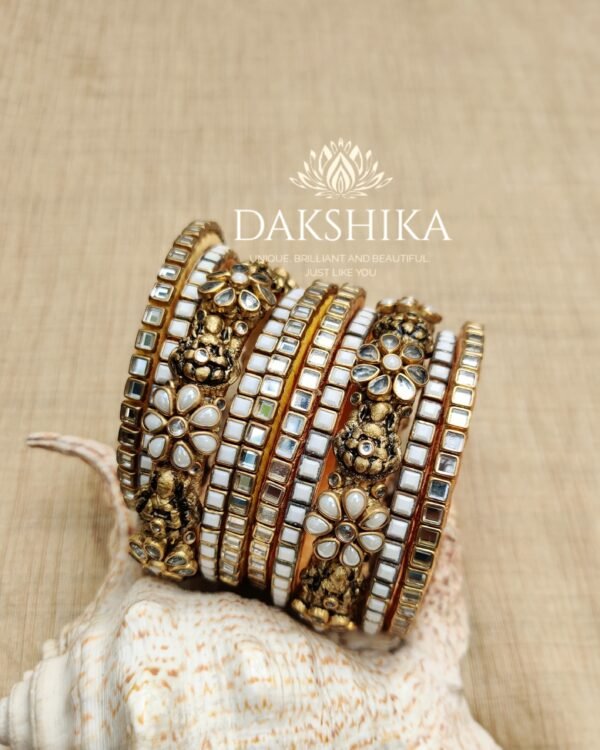 Terracotta-  Necklace With Jhumka & Bangles (Golden With Pearl White) - Image 3