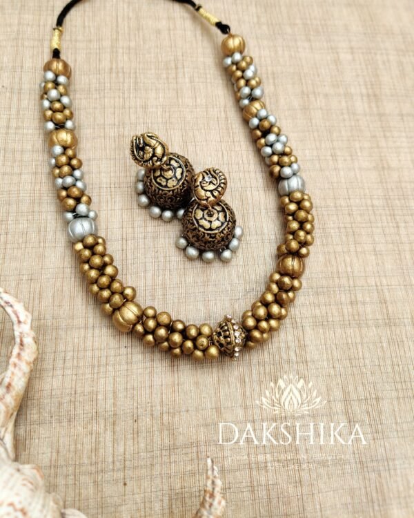 Terracotta- Short Necklace with Big Size Jhumka ( Golden with Silver )
