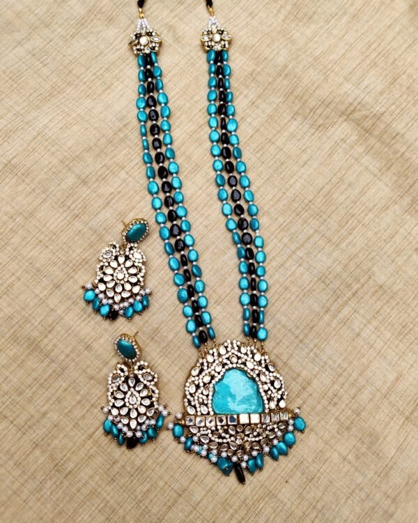 Terracotta- Long Necklace with Big Size Earrings ( Golden with Teal Blue & Black)