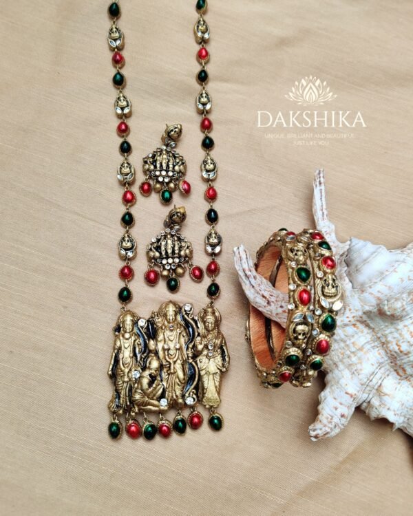 Terracotta- Necklace With Earrings & Bangles (Golden With Red & Green)