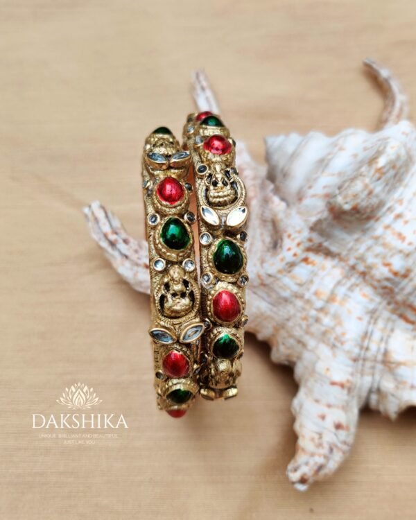 Terracotta- Necklace With Earrings & Bangles (Golden With Red & Green) - Image 3