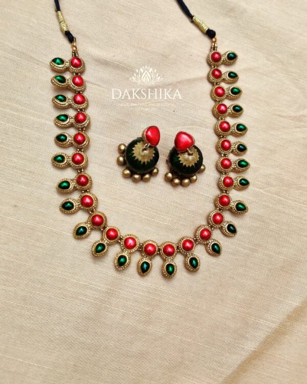 Terracotta- Short Necklace with Big Size Jhumka ( Golden with Green & Red )