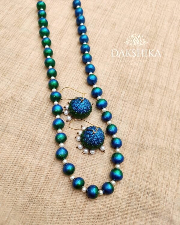 Terracotta- Beads Long Necklace with Big Size Jhumka ( Golden with Peacock Blue & Green)