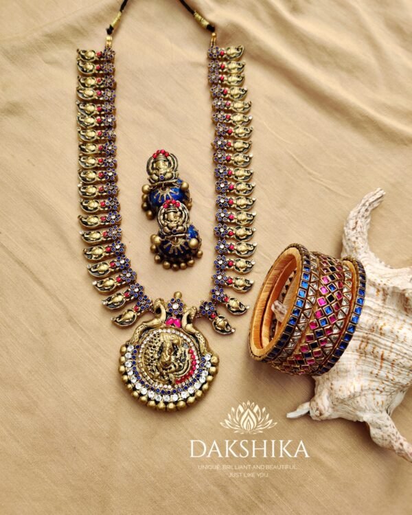 Terracotta-  Necklace With Jhumka & Bangles (Golden With Blue & Pink)