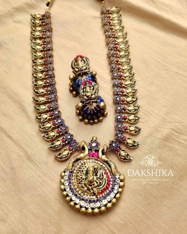 Terracotta- Long Necklace with Big Size Jhumka ( Golden with Blue & Pink )