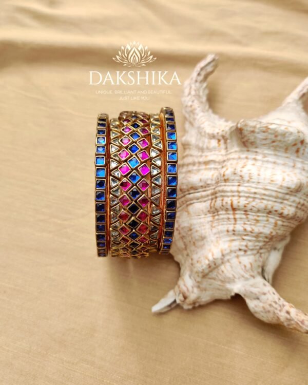 Terracotta-  Necklace With Jhumka & Bangles (Golden With Blue & Pink) - Image 4
