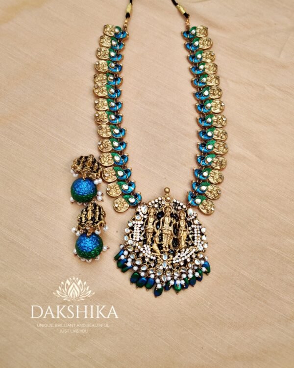 RamPrivar- Long Necklace with Big Size Jhumka ( Golden with Peacock Blue & Green )