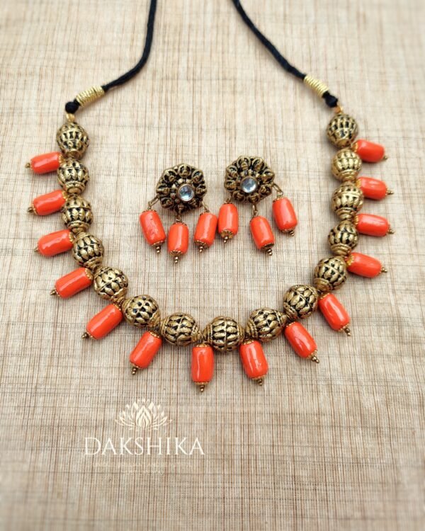 Terracotta- Short Necklace with Big Size Earrings ( Golden with Orange )