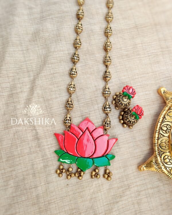 Lotus- Long Necklace with Medium Size Jhumka ( Golden with Red & Green)