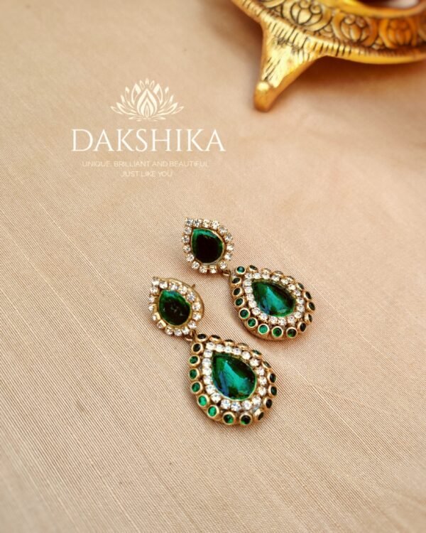 Terracotta-  Necklace With Earrings & Bangles (Golden With Green) - Image 2