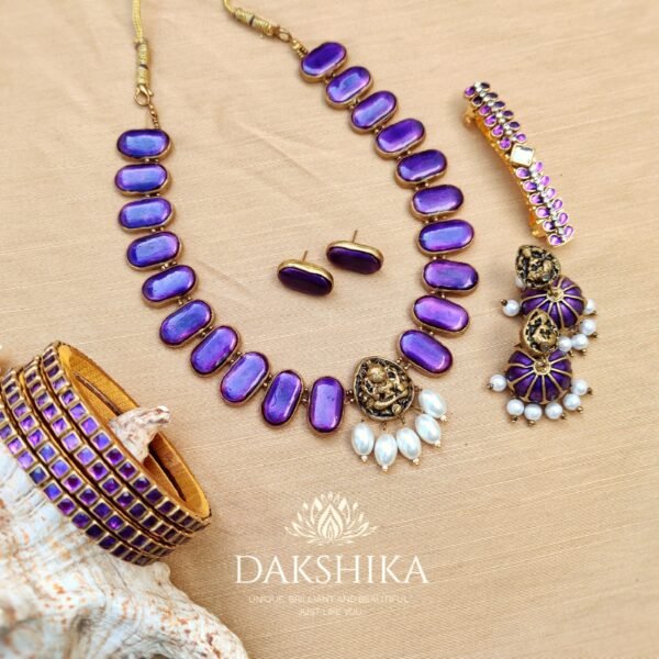 Terracotta-  Necklace With Jhumka , Small Stud , Clips & Bangles (Golden With Purple)