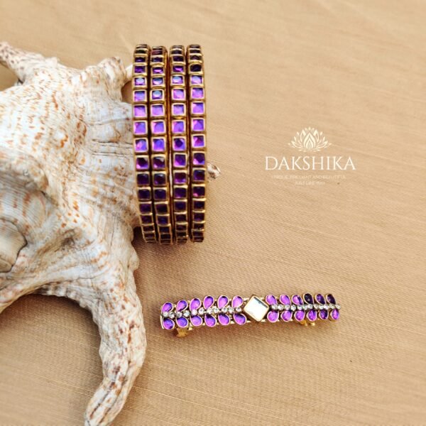 Terracotta-  Necklace With Jhumka , Small Stud , Clips & Bangles (Golden With Purple) - Image 3