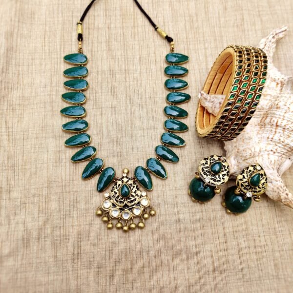 Terracotta- Necklace With Jhumka & Bangles (Golden With Green )