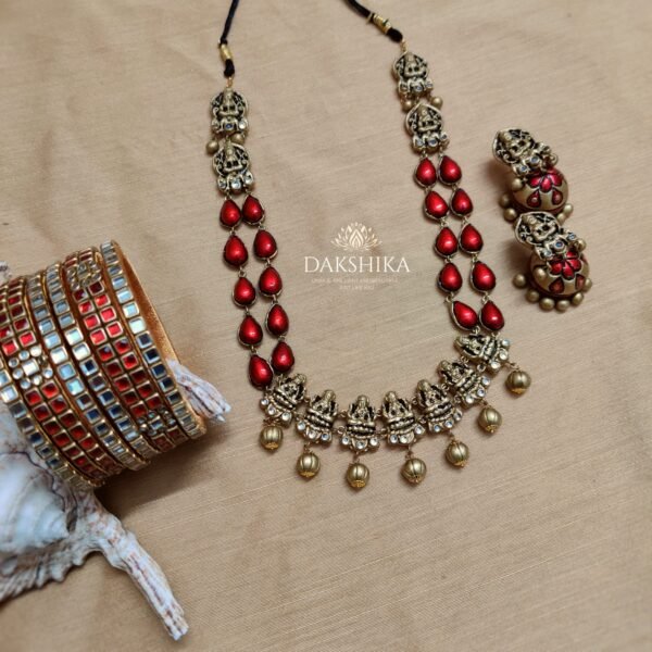 Terracotta- Necklace With Jhumka & Bangles (Golden With Red )