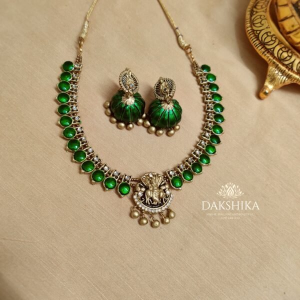 Krishna- Short Necklace with Big Size Jhumka ( Golden with  Green )