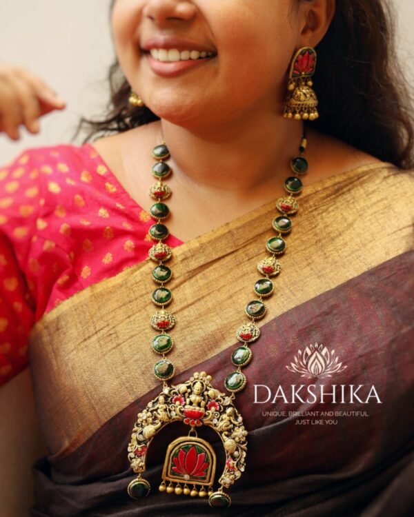 Lotus-Long Necklace with Big Size Jhumka (Golden With Green & Pink) - Image 2