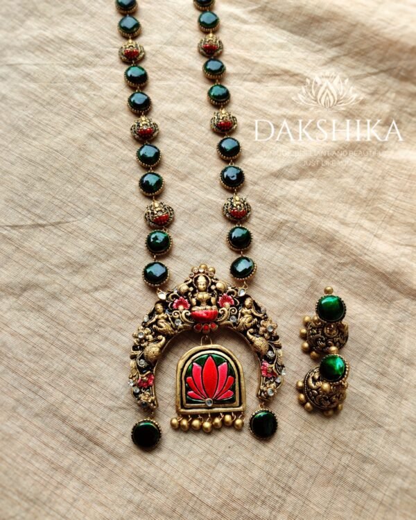 Lotus-Long Necklace with Big Size Jhumka(Golden With Green & Pink )