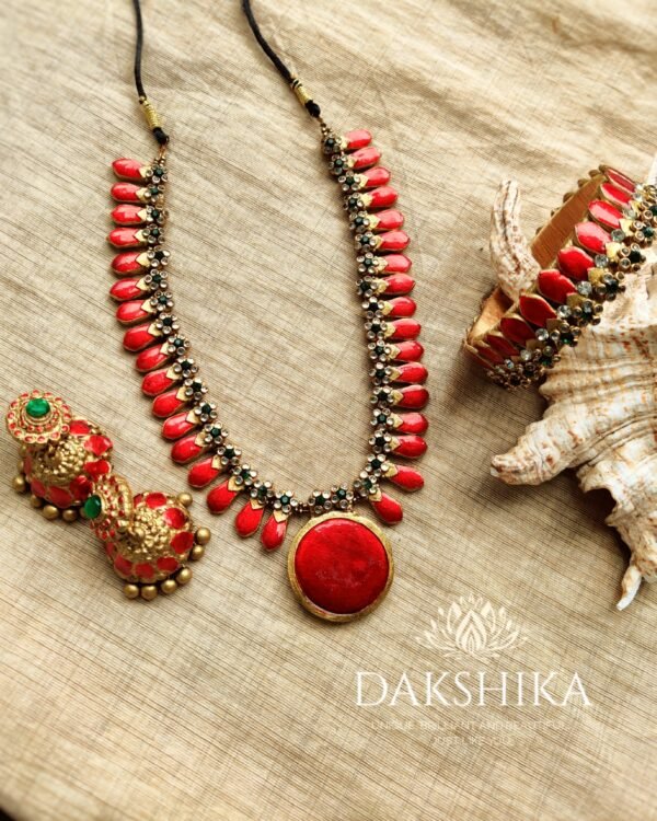 Terracotta- Necklace With Jhumka & Bangles (Golden With Red )