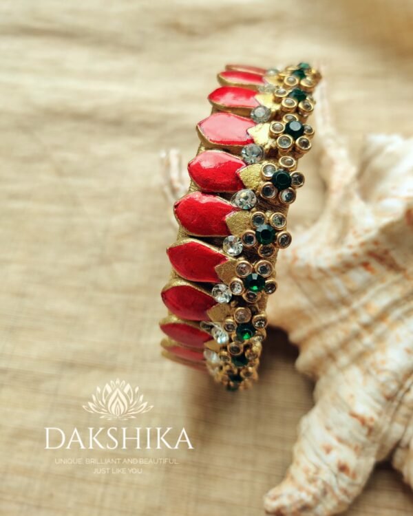 Terracotta- Necklace With Jhumka & Bangles (Golden With Red ) - Image 2