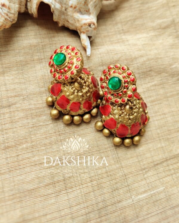 Terracotta- Medium Size Jhumka ( Golden with  Green & Red)