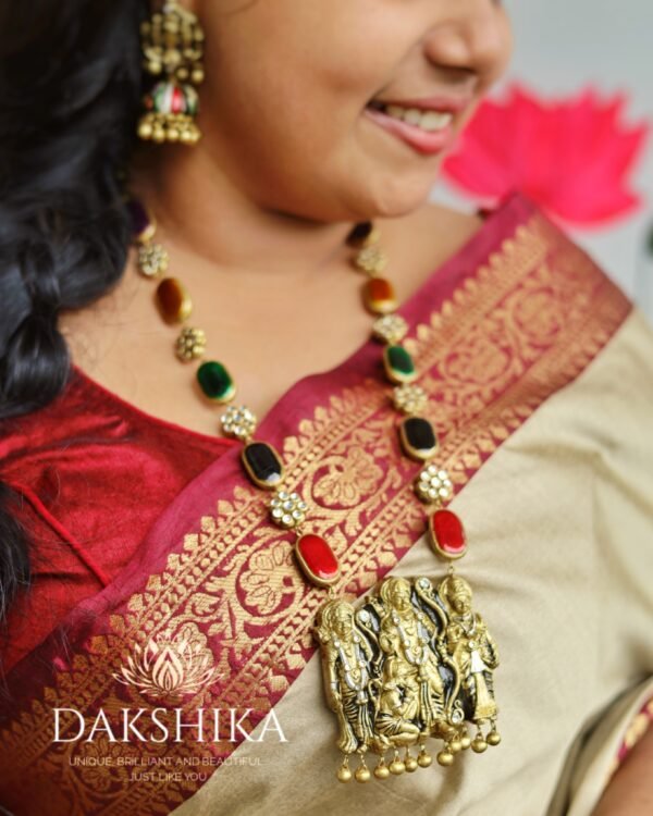 Ram Privar-Long Necklace with Big Size Jhumka (Golden With Multi Color) - Image 2