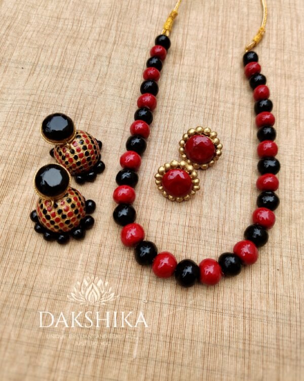 Terracotta- Small Necklace with Big Size Jhumka & Big Size Earrings (Black With Red)